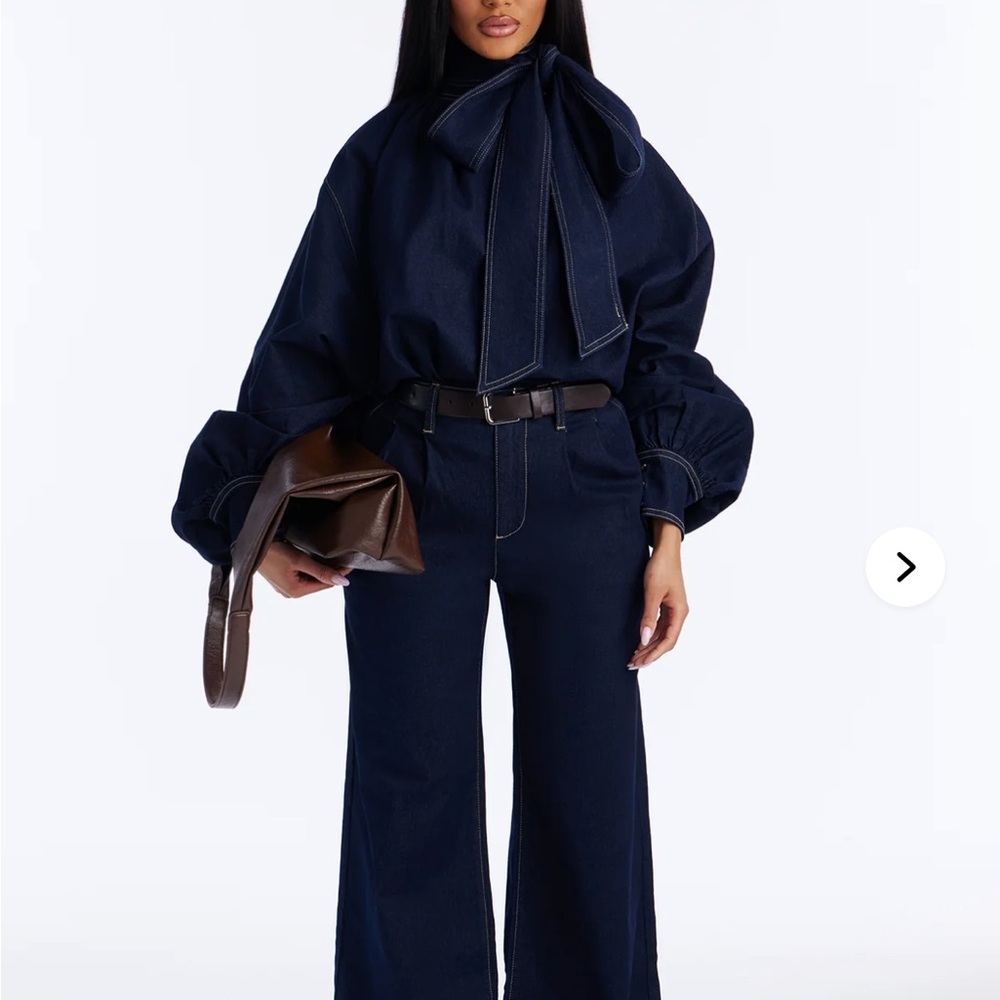 Women's Dark Blue Denim Neck Tie Belted Pant Set
